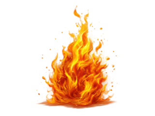 Bright orange and yellow flames lick upwards with white accents fire burning, Isolated, Png Transparent Background