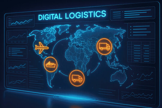 Digital world map interface showing global logistics with icons for air, sea, and land transport transportation