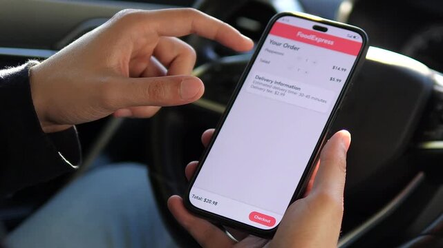 A detailed food ordering journey unfolds as hands explore menu items, proceed to checkout, contemplate the purchase, and finally confirm the order with successful completion. 