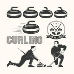 Vector art of vintage illustration of curling sport elements, including stones, players, and the word curling in a retro style, isolated on a light background