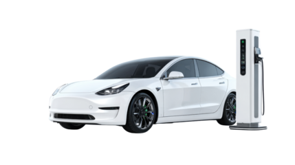 White Electric Car Charging at EV Station on white Background – Modern Eco-Friendly Vehicle Concept