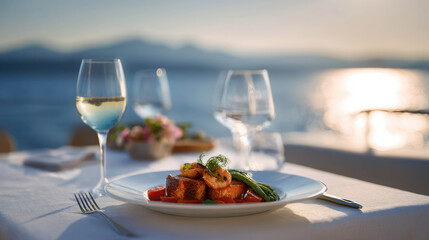 Gourmet Main Course Featuring Grilled Salmon and Fresh Vegetables Against Scenic Waterfront Background During Sunset