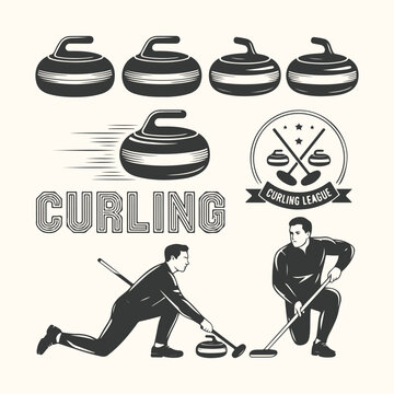 Vector art of vintage illustration of curling sport elements, including stones, players, and the word curling in a retro style, isolated on a light background