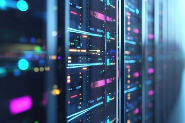 Naklejka premium Futuristic data center with colorful glowing server racks and digital lights in perspective view, ideal for cloud computing, IT infrastructure, network storage, and modern technology design