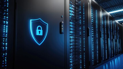 Modern data center with blue LED lights and secure server racks, featuring a glowing cybersecurity lock symbol on a cabinet door, ideal for IT security, data protection, or technology visuals