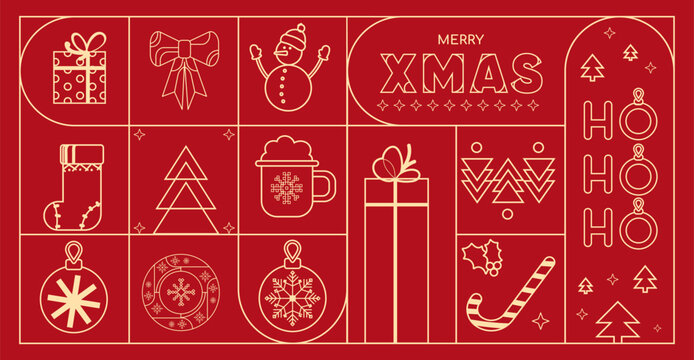 Modern Christmas geometric background with festive line icons and elements. Creative Xmas design for holiday cards, posters, banners, social media, web design, seasonal marketing. Vector illustration