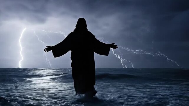 Silhouette of Jesus Christ standing in the ocean with arms outstretched during a dramatic thunderstorm with lightning.