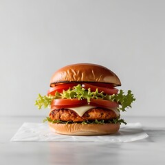 Delicious and juicy chicken burger with fresh vegetables on white background