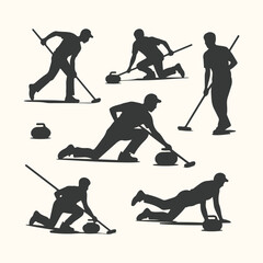 Vector art of silhouette illustration of athletes playing curling, showcasing various actions like sweeping, sliding, and throwing the stone, set against a neutral background