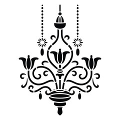 Elegant black silhouette of a vintage chandelier with ornate details and hanging crystals
