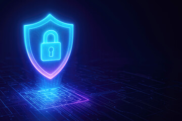 Glowing Neon Blue Shield with Padlock Symbol Over Digital Circuit Board Background security cybersecurity