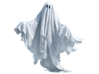 Ethereal white sheet ghost floating with flowing fabric image, Isolated, Png Transparent Background