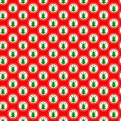 Christmas Tree Badges Seamless Pattern on Red Background