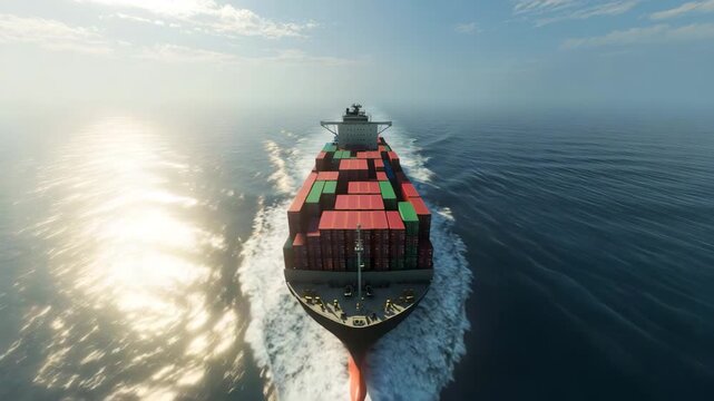 Aerial View of Cargo Ship Sailing Through Calm Blue Ocean
