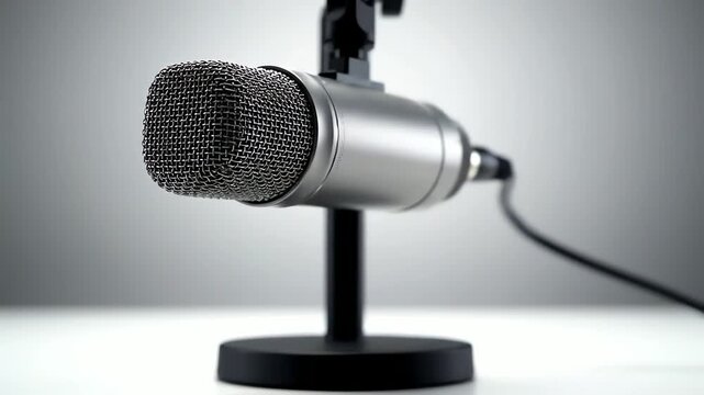 Professional microphone on stand against gray background for audio recording
