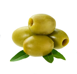pitted olives with green leaves isolated on white background. pitted green olives isolated.