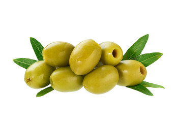 pitted olives with green leaves isolated on white background. pitted green olives isolated.