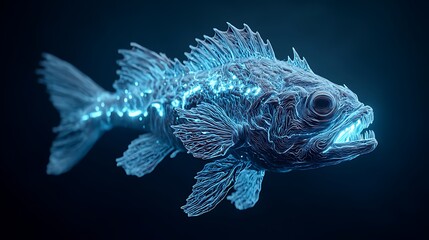 Fototapeta premium An enchanting luminescent fish swims through deep ocean waters, illuminated by beams of light that break through the darkness, its bioluminescent glow creating a captivating underwater world.
