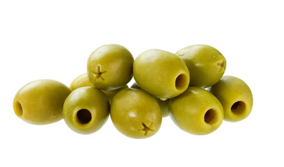 pitted olives isolated on white background. pitted green olives isolated.