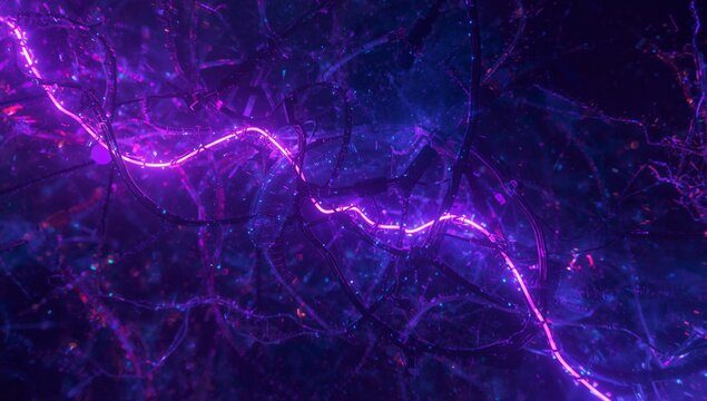 Weaving bright neon purple filament through cyberspace, with darker cables and glowing particles