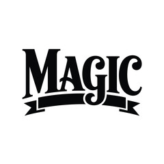 Bold black magic word emblem with ribbon banner on white background
