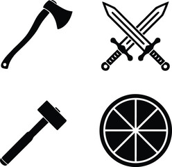 Medieval weapon icons axe sword hammer shield ancient combat gear collection