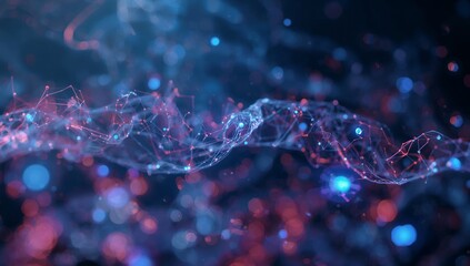 Undulating network of illuminated nodes pulsing in digital space, with connecting filaments