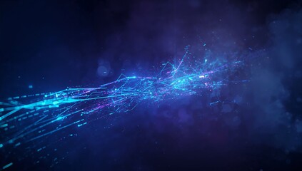 Streaming neon-blue lines traversing virtual expanse, with glowing nodes and scattered fragments