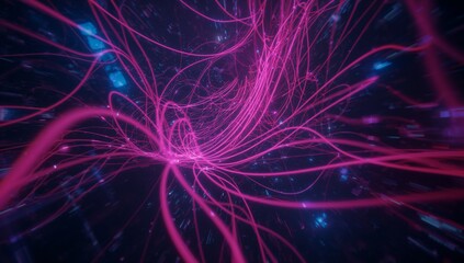 Twisting pink neon filaments flowing through dark virtual space, with glowing blue data nodes