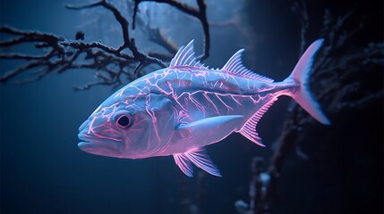 An enchanting luminescent fish swims through deep ocean waters, illuminated by beams of light that break through the darkness, its bioluminescent glow creating a captivating underwater world.