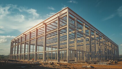 Obraz premium Surveying workers wearing helmets and vests inspecting steel frame on site, with scaffolding