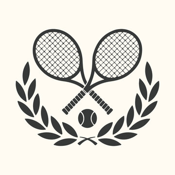 Vector art of vintage tennis emblem with crossed rackets, ball, and laurel wreath on a light cream background, symbolizing sport and victory