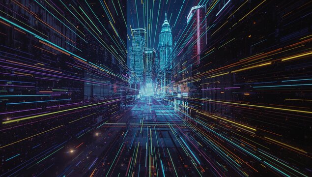 Streaming neon light trails through cyberpunk corridor, featuring digital skyscraper facades