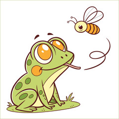 Cute cartoon frog sitting on lily pad in serene pond setting
