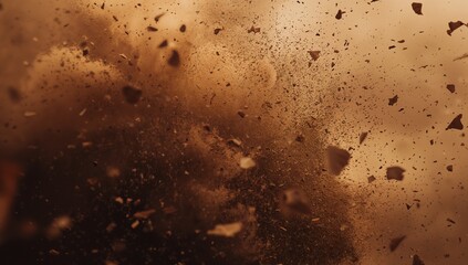 Swirling dust cloud scattering in arid terrain, with dirt fragments, rock shards and dust particles
