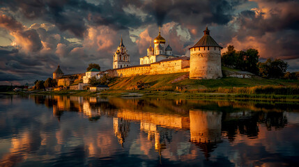 Fototapeta premium The medieval walls of the Pskov Kremlin, the golden domes and white towers of St. Mikhail's Monastery