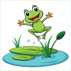 Cute cartoon frog sitting on lily pad in serene pond setting
