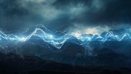 Stretching blue digital waveform across mountains at night, with jagged peaks, swirling clouds