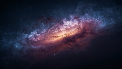 Fototapeta premium Swirling spiral nebula radiating light in deep space, with gas clouds, dust filaments and stars