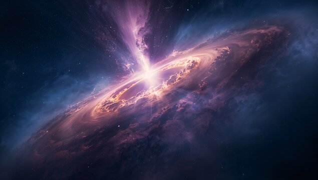 Swirling accretion disk orbiting central quasar core in deep space, sending jets and gas clouds