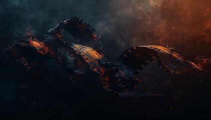 Twisting charred filmstrip ribbon floating in dark smoky void, with glowing embers, drifting ash