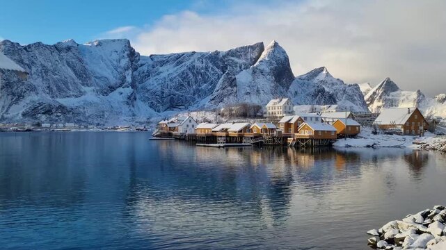 Spectacular winter view of popular tourist destination - Lofoten Islands archipelago. Houses (Rorbu) on the shore of Norwegian sea.  Sakrisoy fishing village.  