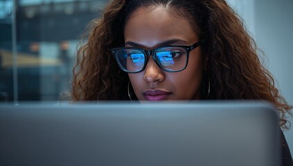 Typing woman examining code reflected on eyeglasses at modern office desk, with hoop earrings