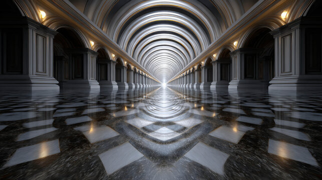 Surreal Narrow Corridor with Distorted Mirrors Reflecting Light in a Mystic Hallway Surrounded by Graceful Arches and Shimmering Floor