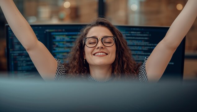 Stretching woman developer raising arms overhead at desk in office, with dual monitors showing code