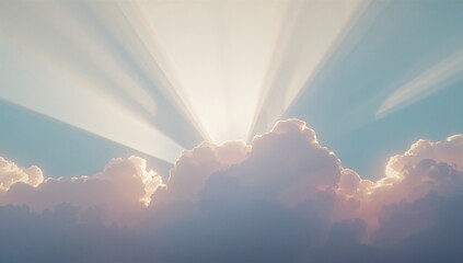 Streaming sun rays piercing cumulus cloud formation in high-altitude sky, glowing warm edges