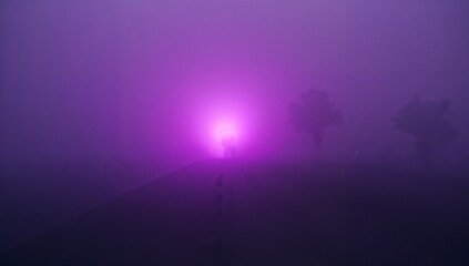 Walking silhouette approaching bright magenta light along foggy rail tracks past sparse trees