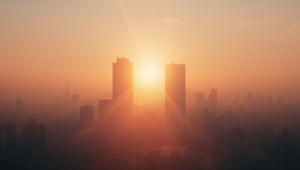 Twin skyscrapers glowing in urban skyline at sunrise, with radial sunbeams and morning haze