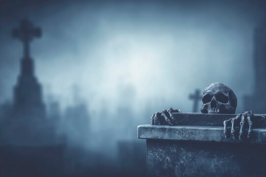 Creepy skeleton rising from grave in haunted cemetery with copyspace for text, Halloween party design with skull in creepy graveyard