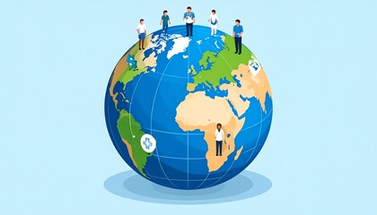 Naklejka premium Diverse group of people standing on a globe, representing global community and interconnectedness.